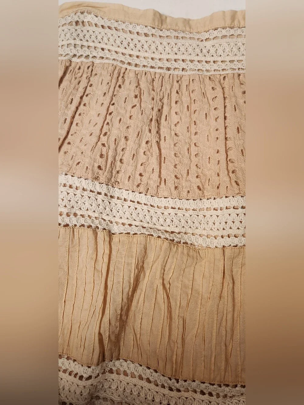 VTG 100% Cotton Forever 21 Cream Tan Neuteal Eyelet Crochet Skirt Large L EUC